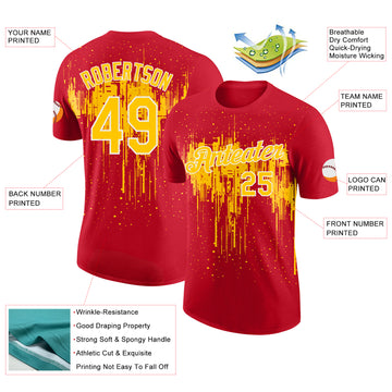 Custom Red Yellow-White Dripping Splatter Paint Performance T-Shirt