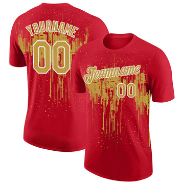 Custom Red Old Gold-White Dripping Splatter Paint Performance T-Shirt
