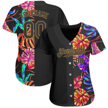 Custom Black Old Gold 3D Pattern Design Hawaii Tropical Palm Leaves Authentic Baseball Jersey