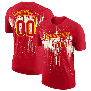 Custom Red Cream-Yellow Dripping Splatter Paint Performance T-Shirt