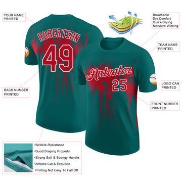 Custom Teal Red-White Dripping Splatter Paint Performance T-Shirt