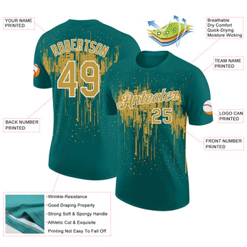Custom Teal Old Gold-White Dripping Splatter Paint Performance T-Shirt