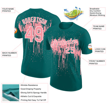 Custom Teal Medium Pink-White Dripping Splatter Paint Performance T-Shirt