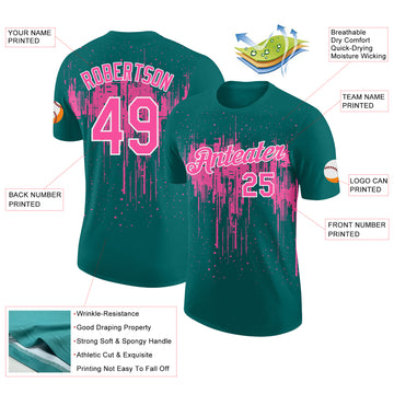 Custom Teal Pink-White Dripping Splatter Paint Performance T-Shirt