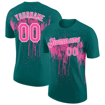 Custom Teal Pink-White Dripping Splatter Paint Performance T-Shirt