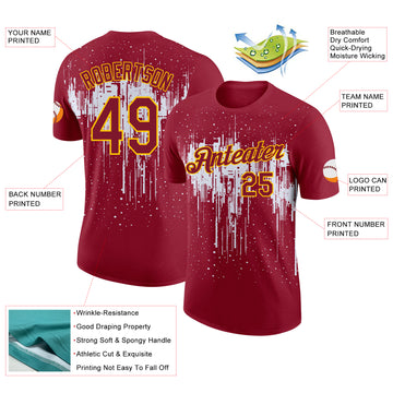 Custom Crimson White-Yellow Dripping Splatter Paint Performance T-Shirt