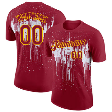 Custom Crimson White-Yellow Dripping Splatter Paint Performance T-Shirt