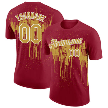 Custom Crimson Old Gold-White Dripping Splatter Paint Performance T-Shirt