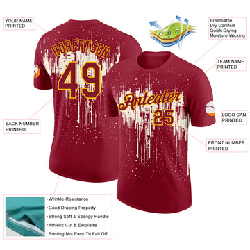 Custom Crimson Cream-Yellow Dripping Splatter Paint Performance T-Shirt