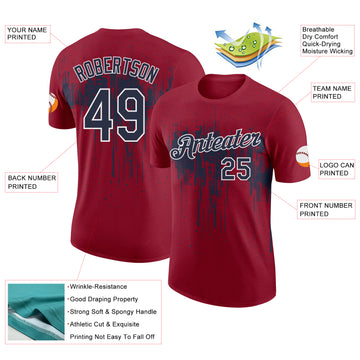 Custom Crimson Navy-White Dripping Splatter Paint Performance T-Shirt