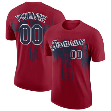 Custom Crimson Navy-White Dripping Splatter Paint Performance T-Shirt