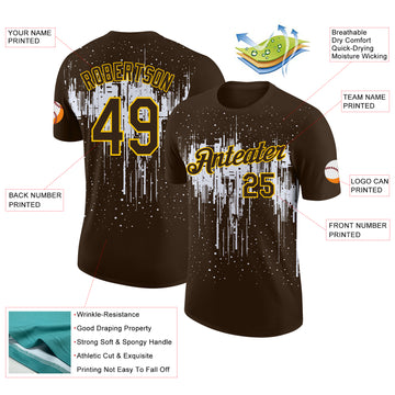 Custom Brown White-Yellow Dripping Splatter Paint Performance T-Shirt