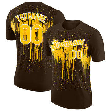 Custom Brown Yellow-White Dripping Splatter Paint Performance T-Shirt