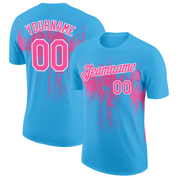 Custom Sky Blue Pink-White Dripping Splatter Paint Performance T-Shirt