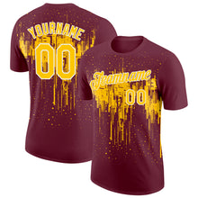 Laden Sie das Bild in den Galerie-Viewer, Custom Burgundy Yellow-White Dripping Splatter Paint Performance T-Shirt
