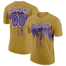 Laden Sie das Bild in den Galerie-Viewer, Custom Old Gold Purple-White Dripping Splatter Paint Performance T-Shirt
