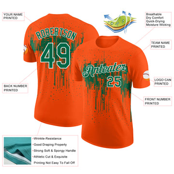 Custom Orange Kelly Green-White Dripping Splatter Paint Performance T-Shirt