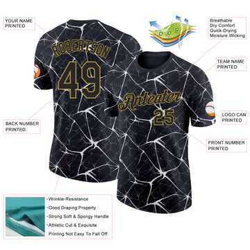 Custom Black White Gray-Old Gold Abstract Network Crackle Performance T-Shirt