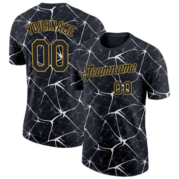 Custom Black White Gray-Old Gold Abstract Network Crackle Performance T-Shirt