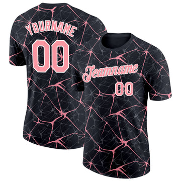 Custom Black Medium Pink Gray-White Abstract Network Crackle Performance T-Shirt