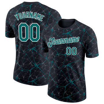Custom Black Teal Gray-White Abstract Network Crackle Performance T-Shirt