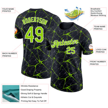Custom Black Neon Green Gray-White Abstract Network Crackle Performance T-Shirt