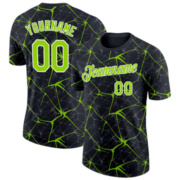 Custom Black Neon Green Gray-White Abstract Network Crackle Performance T-Shirt