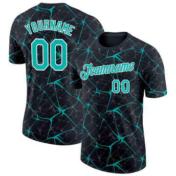 Custom Black Aqua Gray-White Abstract Network Crackle Performance T-Shirt