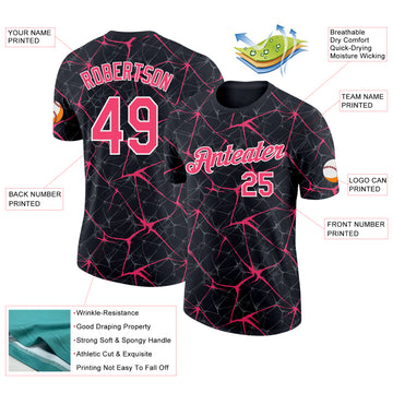 Custom Black Neon Pink Gray-White Abstract Network Crackle Performance T-Shirt