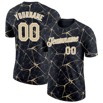 Custom Black Vegas Gold Gray-White Abstract Network Crackle Performance T-Shirt