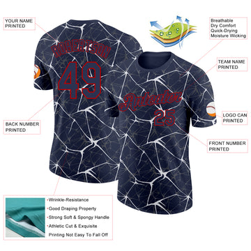 Custom Navy White Gray-Red Abstract Network Crackle Performance T-Shirt