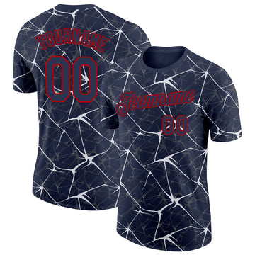Custom Navy White Gray-Red Abstract Network Crackle Performance T-Shirt