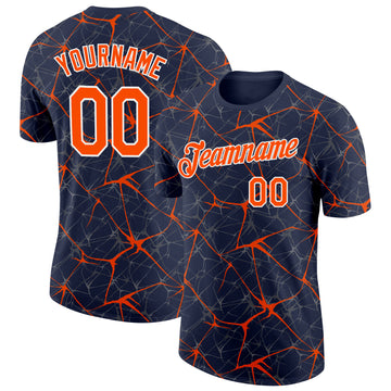 Custom Navy Orange Gray-White Abstract Network Crackle Performance T-Shirt