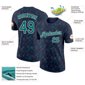 Custom Navy Teal Gray-White Abstract Network Crackle Performance T-Shirt