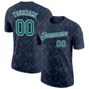 Custom Navy Teal Gray-White Abstract Network Crackle Performance T-Shirt