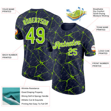 Custom Navy Neon Green Gray-White Abstract Network Crackle Performance T-Shirt