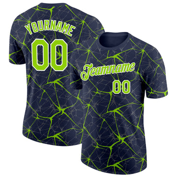 Custom Navy Neon Green Gray-White Abstract Network Crackle Performance T-Shirt
