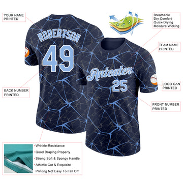 Custom Navy Powder Blue Gray-White Abstract Network Crackle Performance T-Shirt