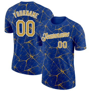 Custom Royal Old Gold Gray-White Abstract Network Crackle Performance T-Shirt