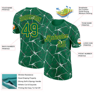 Custom Kelly Green White Gray-Yellow Abstract Network Crackle Performance T-Shirt