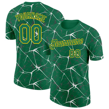 Custom Kelly Green White Gray-Yellow Abstract Network Crackle Performance T-Shirt
