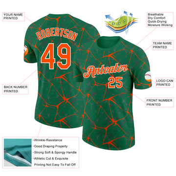 Custom Kelly Green Orange Gray-White Abstract Network Crackle Performance T-Shirt