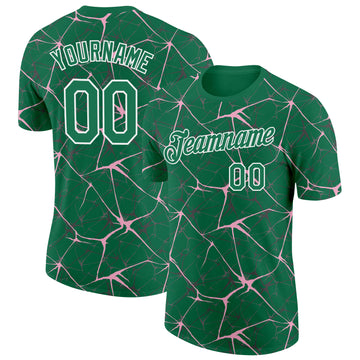 Custom Kelly Green Light Pink Gray-White Abstract Network Crackle Performance T-Shirt