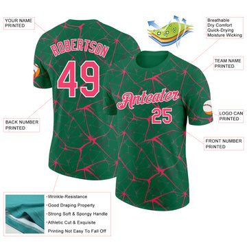 Custom Kelly Green Neon Pink Gray-White Abstract Network Crackle Performance T-Shirt