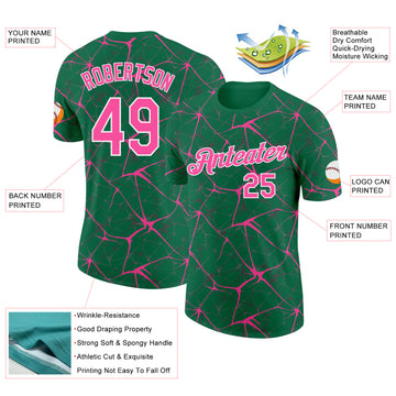 Custom Kelly Green Pink Gray-White Abstract Network Crackle Performance T-Shirt