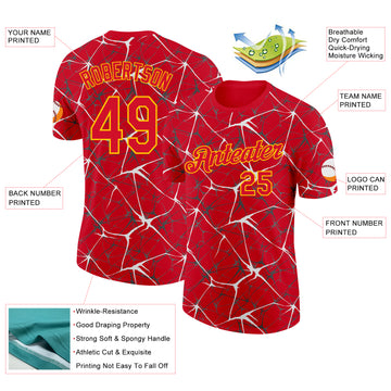 Custom Red White Gray-Yellow Abstract Network Crackle Performance T-Shirt