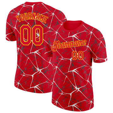 Custom Red White Gray-Yellow Abstract Network Crackle Performance T-Shirt
