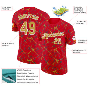 Custom Red Old Gold Gray-White Abstract Network Crackle Performance T-Shirt
