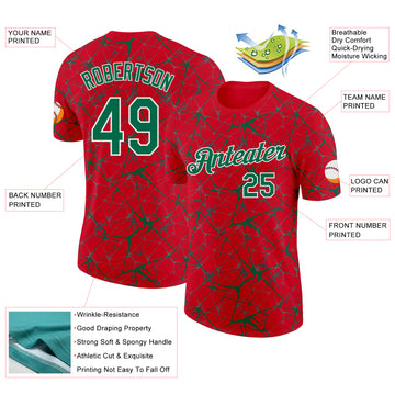 Custom Red Kelly Green Gray-White Abstract Network Crackle Performance T-Shirt