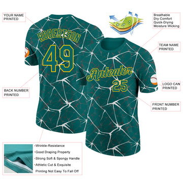 Custom Teal White Gray-Yellow Abstract Network Crackle Performance T-Shirt